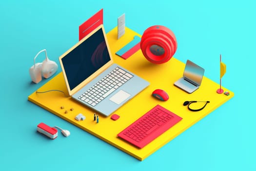 mobile desktop web template design view red laptop background minimal gadget colours white object computer keyboard business technology communication hand workspace. Generative AI.