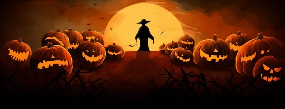 field moon october spooky fall pumpkin halloween holiday horror scarecrow background night orange lantern treat monster ghost black illustration dark. Generative AI.
