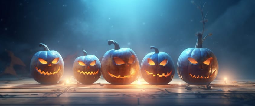 haunted sky fear glowing mystery table background copyspace blue pumpkin candle card tree night evil moon gothic halloween funny wood horror. Generative AI.