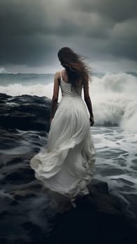 woman blue lady nature tropical sea lifestyle summer beach ocean storm sky horizon model travel freedom outdoors cloud wedding back dress. Generative AI.