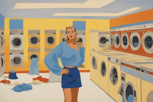 bored woman in laundromat waiting to finish laundry job generative ai art