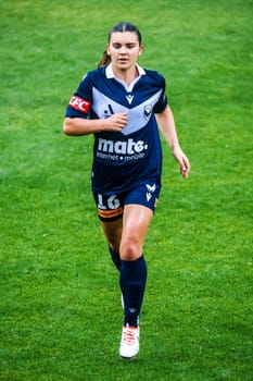 MELBOURNE, AUSTRALIA - OCTOBER 15: Paige Zois of Melbourne Victory against Brisbane Roar at La Trobe University Sports Fields on October 15, 2023 in Melbourne, Australia