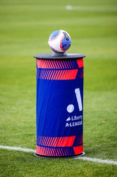 MELBOURNE, AUSTRALIA - OCTOBER 15: Match ball before round one of the A-League with the Women's match between Melbourne Victory and Brisbane Roar at La Trobe University Sports Fields on October 15, 2023 in Melbourne, Australia