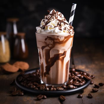 Iced chocolate frappe with whipped cream and coffee beans on a background, food and drink concept