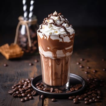 Iced chocolate frappe with whipped cream and coffee beans on a background, food and drink concept