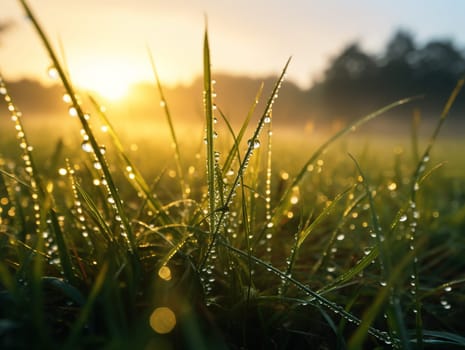 Dewy grass during lovely summer sunrise, a nature concept