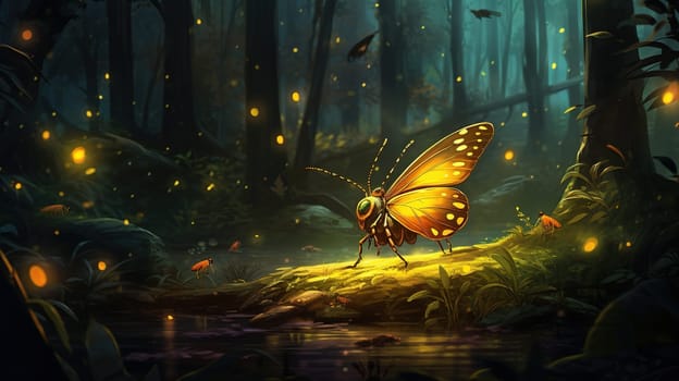 Lovely glowing or shining a firefly in the night forest, nature concept