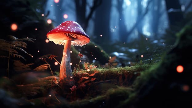 Glowing or shining mushroom in a forest during night, nature concept