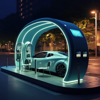 Electric car by a modern charging station, transportation and industrial concept