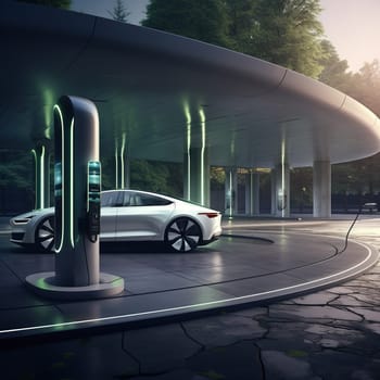 Electric car by a modern charging station, transportation and industrial concept
