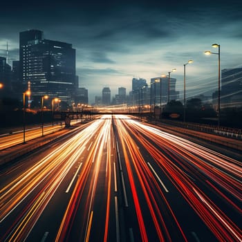 Modern highway with blurred cars near a city, transportation and industrial concept