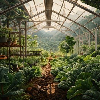 Greenhouse with kind of vegetable and gardening equipment, an agricultural concept