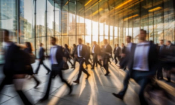 Blurred crowd of unrecognizable business people at the street in a busy city. People in a hurry for work. Rush hour motion blur concept background