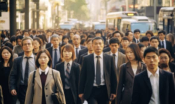 Blurred crowd of unrecognizable business people at the street in a busy city. People in a hurry for work. Rush hour motion blur concept background