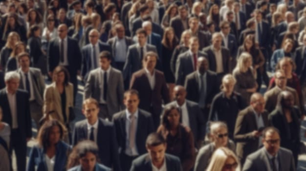 Blurred crowd of unrecognizable business people at the street in a busy city. People in a hurry for work. Rush hour motion blur concept background