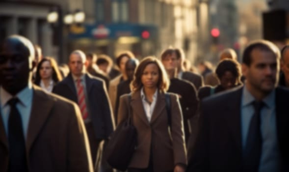 Blurred crowd of unrecognizable business people at the street in a busy city. People in a hurry for work. Rush hour motion blur concept background
