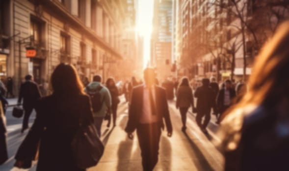 Blurred crowd of unrecognizable business people at the street in a busy city. People in a hurry for work. Rush hour motion blur concept background