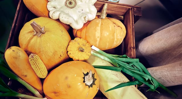 Autumn harvest, pumpkins, zucchini and green onions. Vegetables are in a wooden box.