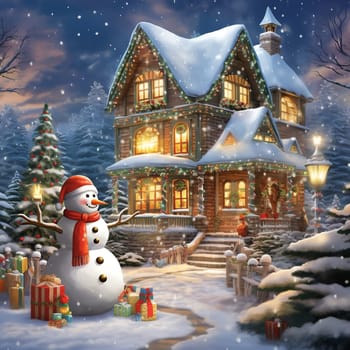 Christmas snowy house outside interior with winter landscape, snowman and fir trees. Christmas decorations. Generation AI.