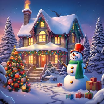 Christmas snowy house outside interior with winter landscape, snowman and fir trees. Christmas decorations. Generation AI.