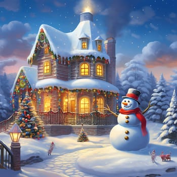 Christmas snowy house outside interior with winter landscape, snowman and fir trees. Christmas decorations. Generation AI.