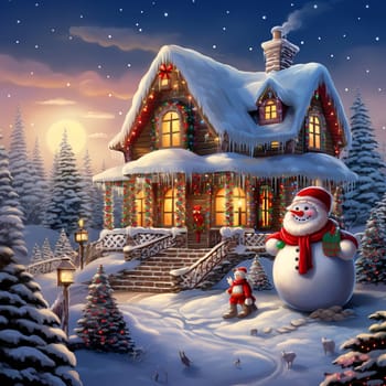 Christmas snowy house outside interior with winter landscape, snowman and fir trees. Christmas decorations. Generation AI.