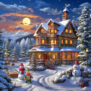 Christmas snowy house outside interior with winter landscape, snowman and fir trees. Christmas decorations. Generation AI.