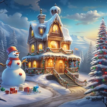 Christmas snowy house outside interior with winter landscape, snowman and fir trees. Christmas decorations. Generation AI.