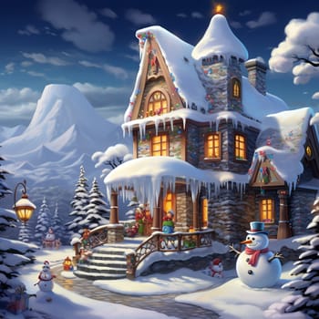 Christmas snowy house outside interior with winter landscape, snowman and fir trees. Christmas decorations. Generation AI.