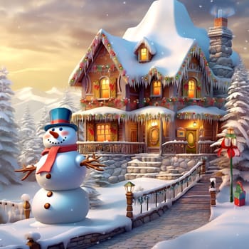 Christmas snowy house outside interior with winter landscape, snowman and fir trees. Christmas decorations. Generation AI.