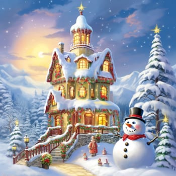 Christmas snowy house outside interior with winter landscape, snowman and fir trees. Christmas decorations. Generation AI.