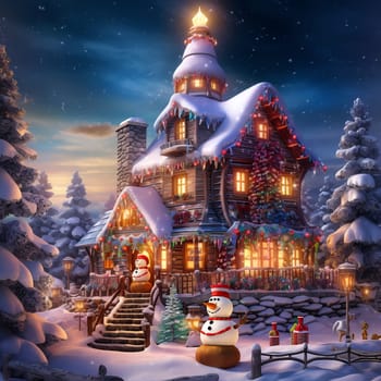 Christmas snowy house outside interior with winter landscape, snowman and fir trees. Christmas decorations. Generation AI.