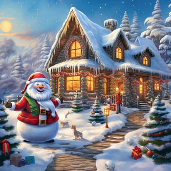 Christmas snowy house outside interior with winter landscape, snowman and fir trees. Christmas decorations. Generation AI.