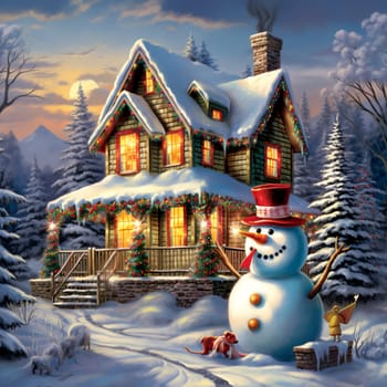 Christmas snowy house outside interior with winter landscape, snowman and fir trees. Christmas decorations. Generation AI.