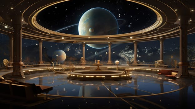 Modern planetarium with projection of the planets and stars of the solar system, astrology concept