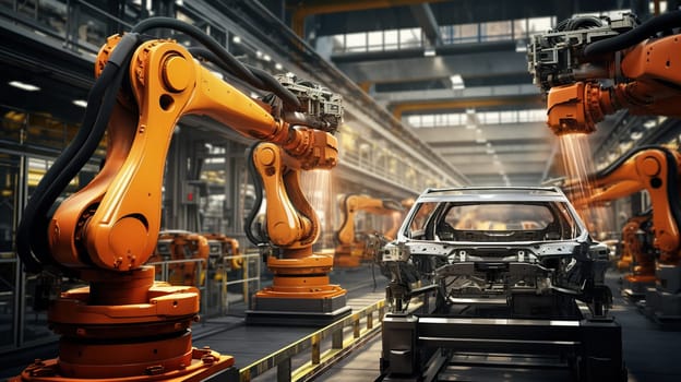 Automotive production of a cars with robot arms, industrial concept