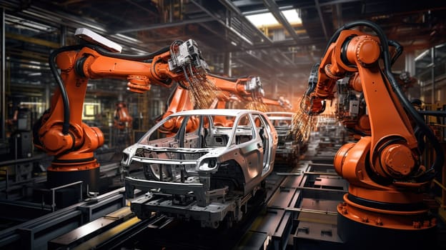 Automotive production of a cars with robot arms, industrial concept