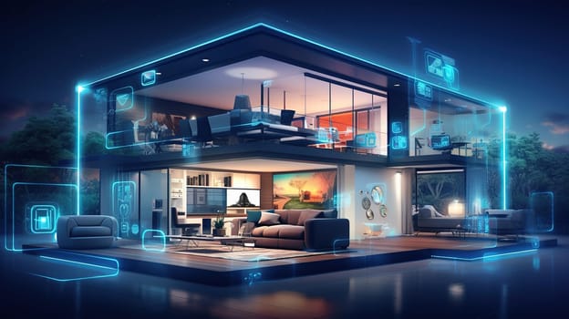 Smart home technology concept, cross section of a housecross with intelligent elements