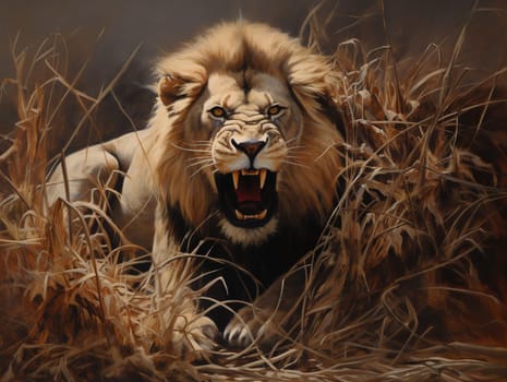 Portrait of enraged lyon in a wild safari, animal and nature concept