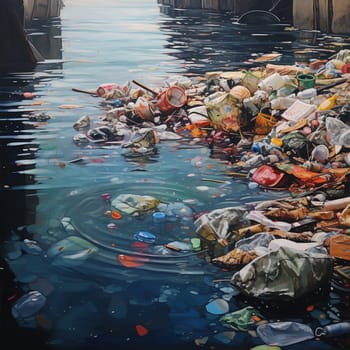 Polluted nature with kind of a garbage and polluted water, a ruined country, ecology issue