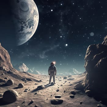 An astronaut standing on an unidentifiable planet and looking to the moon, an astrology concept
