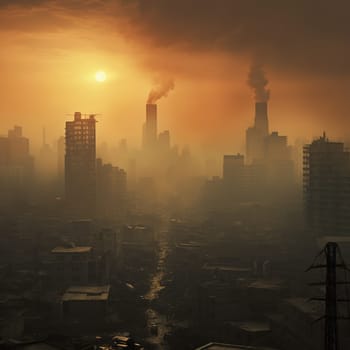 Morning smog over the huge city, polluted air, ecological problem