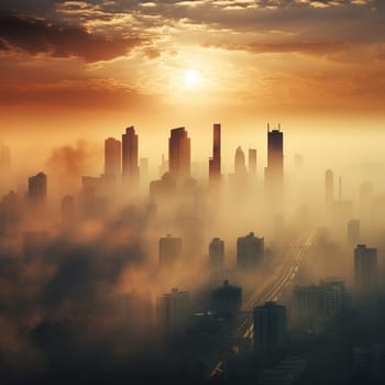 Morning smog over the huge city, polluted air, ecological problem