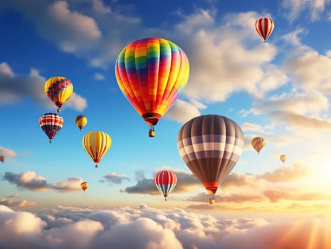 A lot of colorful hot air balloons in the sky, an aerial view, transportation concept