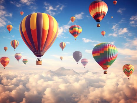 A lot of colorful hot air balloons in the sky, an aerial view, transportation concept