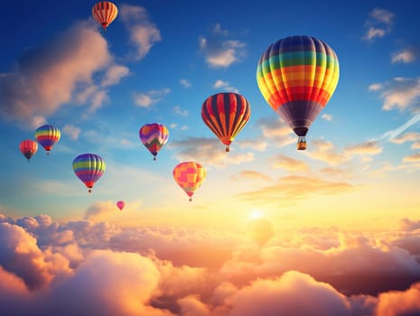 A lot of colorful hot air balloons in the sky, an aerial view, transportation concept