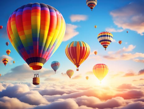 A lot of colorful hot air balloons in the sky, an aerial view, transportation concept