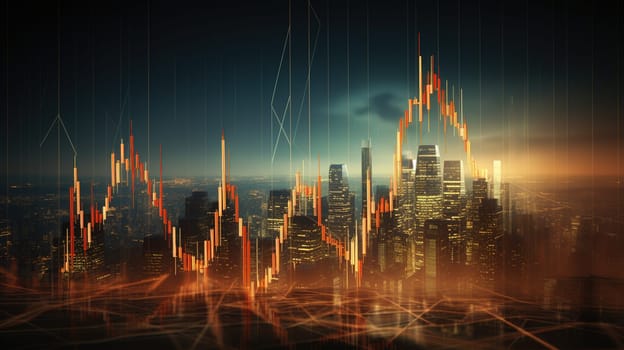 Stock market concept with descending graph and huge city on a background