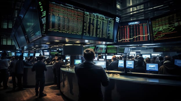 Stock exchange room with with a lot of trading people, a forex concept