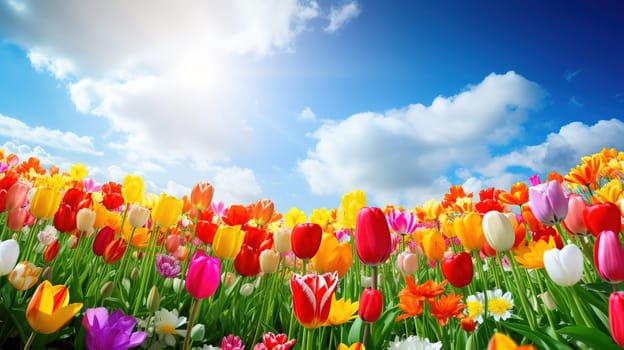 A lot of colorful tulips over blue sky with clouds, nature and landscape concept